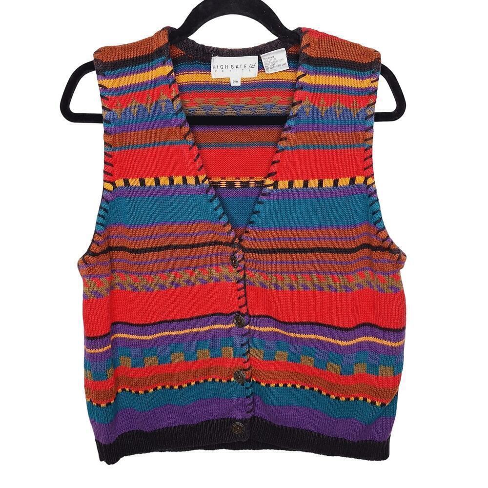 Vintage 90s Sweater Vest High Gate Southwestern Eclectic Grandpa PM Ramie Cotton - Picture 1 of 9